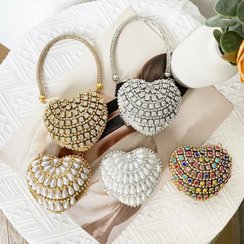 Luxury Rhinestone Evening Bag Sparkling Single Shoulder Banquet Chain Bag Wallet Heart Shaped Mini Lipstick Bag Ladies