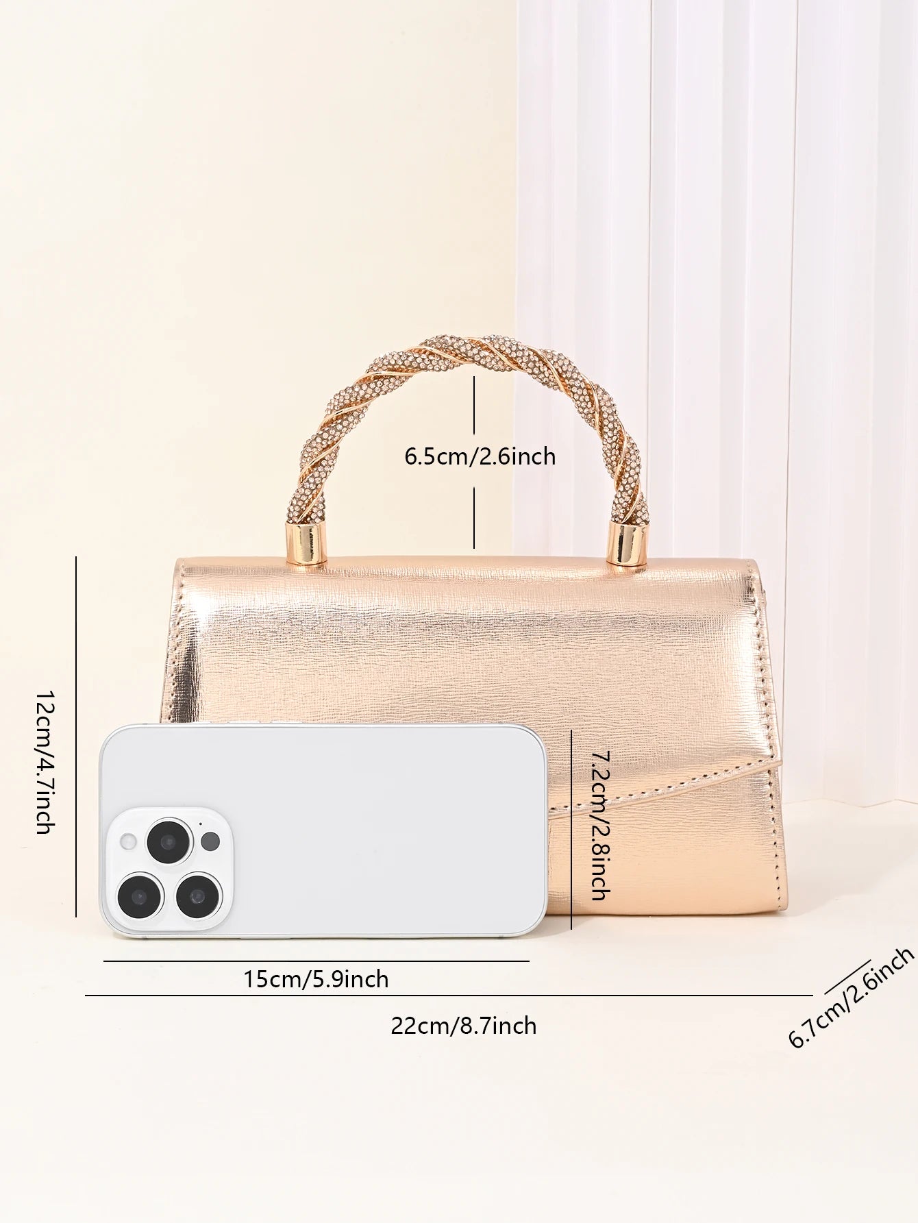 Women's Rose gold Metallic PU  Mini Square Satchel Evening Bag,Crystle Handle Elegant Dinner Chain Bag For Women,Elegant