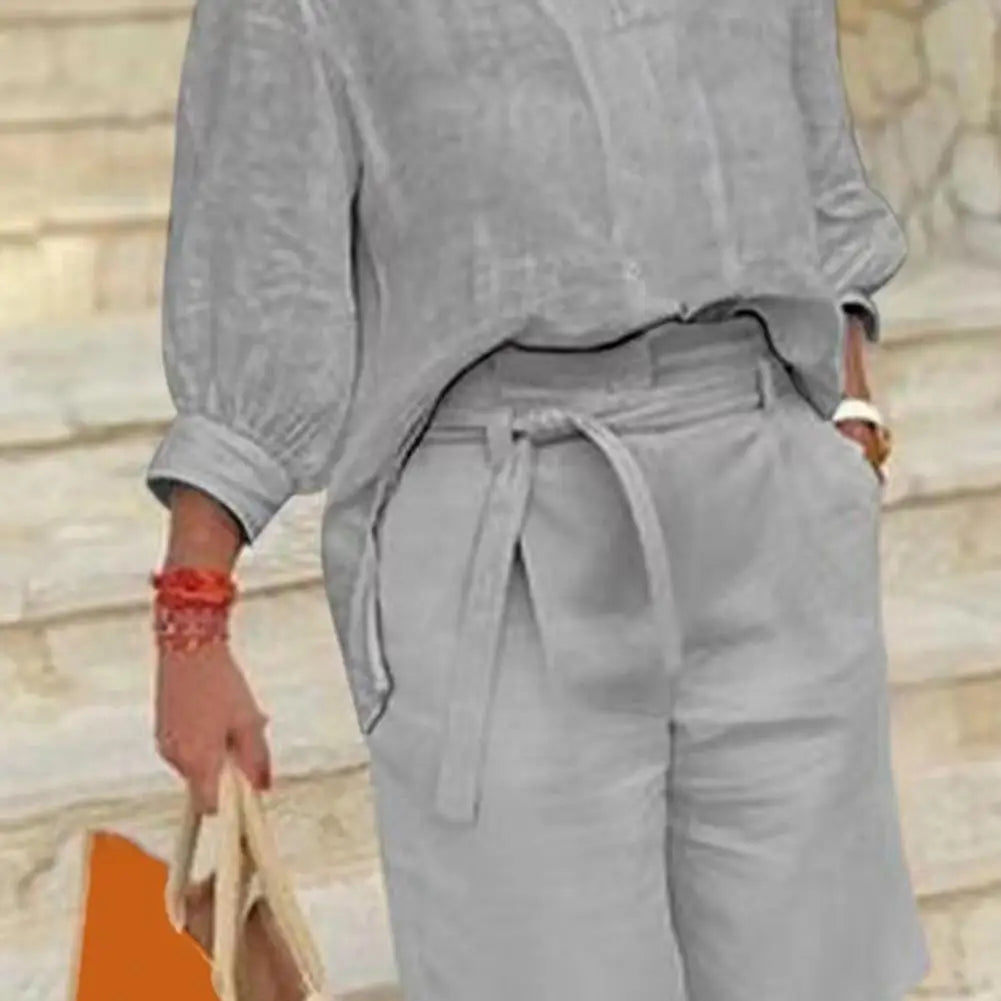 Cotton Linen Women's Two Piece Set Casual V-Neck Half Sleeve Lapel Shirt And Belted Wide Leg Shorts Summer Lounge Set 80%