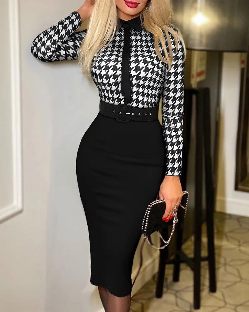Abito Bodycon Donna – Stampa a Pois Manica Lunga Vita Alta con Cintura Elegante