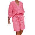 Cotton Linen Women's Two Piece Set Casual V-Neck Half Sleeve Lapel Shirt And Belted Wide Leg Shorts Summer Lounge Set 80%