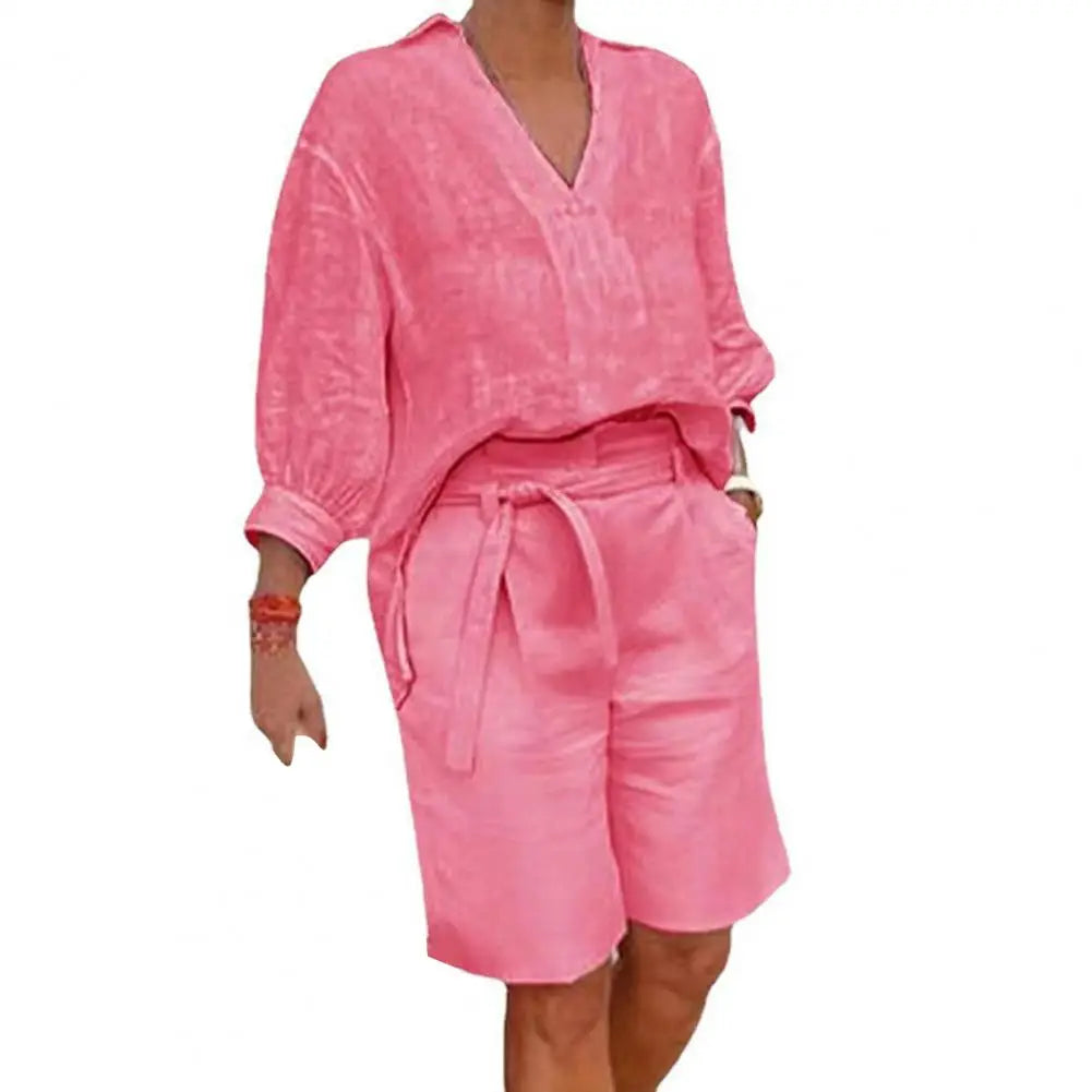 Cotton Linen Women's Two Piece Set Casual V-Neck Half Sleeve Lapel Shirt And Belted Wide Leg Shorts Summer Lounge Set 80%