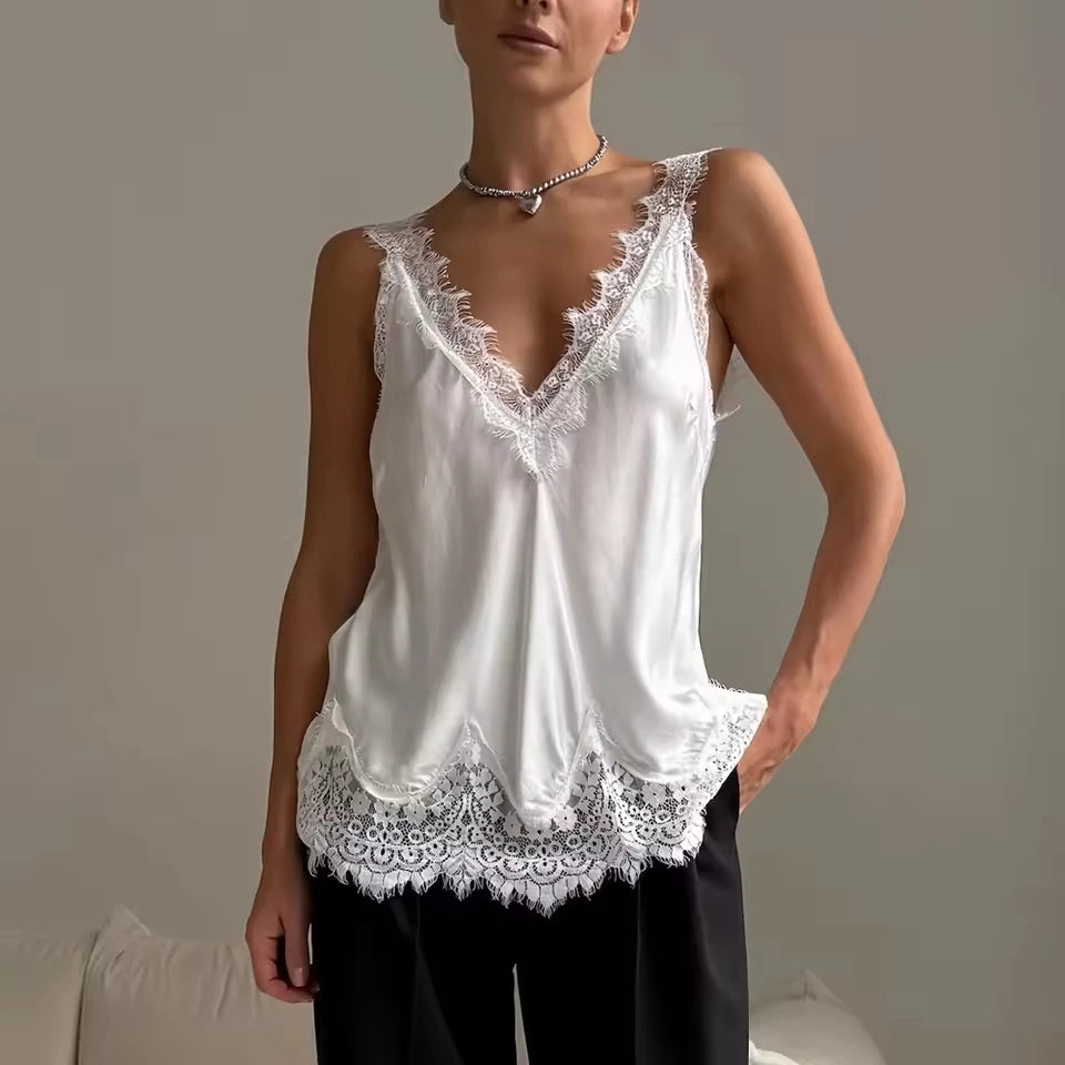 Satin Two Piece Set Women Outfits 2026 Summer Vintage Lace Trim Cami Top and Midi Skirt Matching Set Sexy Slip Skirts Suits