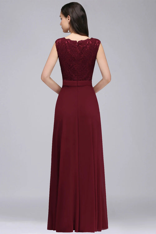 Abito da Sera Lungo Linea A in Pizzo e Chiffon – Collo Tondo, Senza Maniche, Formale