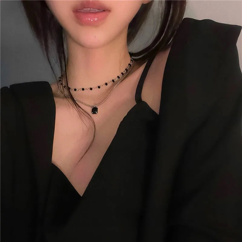 Choker Necklace for Women Double Layer Beads Necklace Gift for Friend Silver Color Geometric Necklace  Wholesale Collar Jewelry