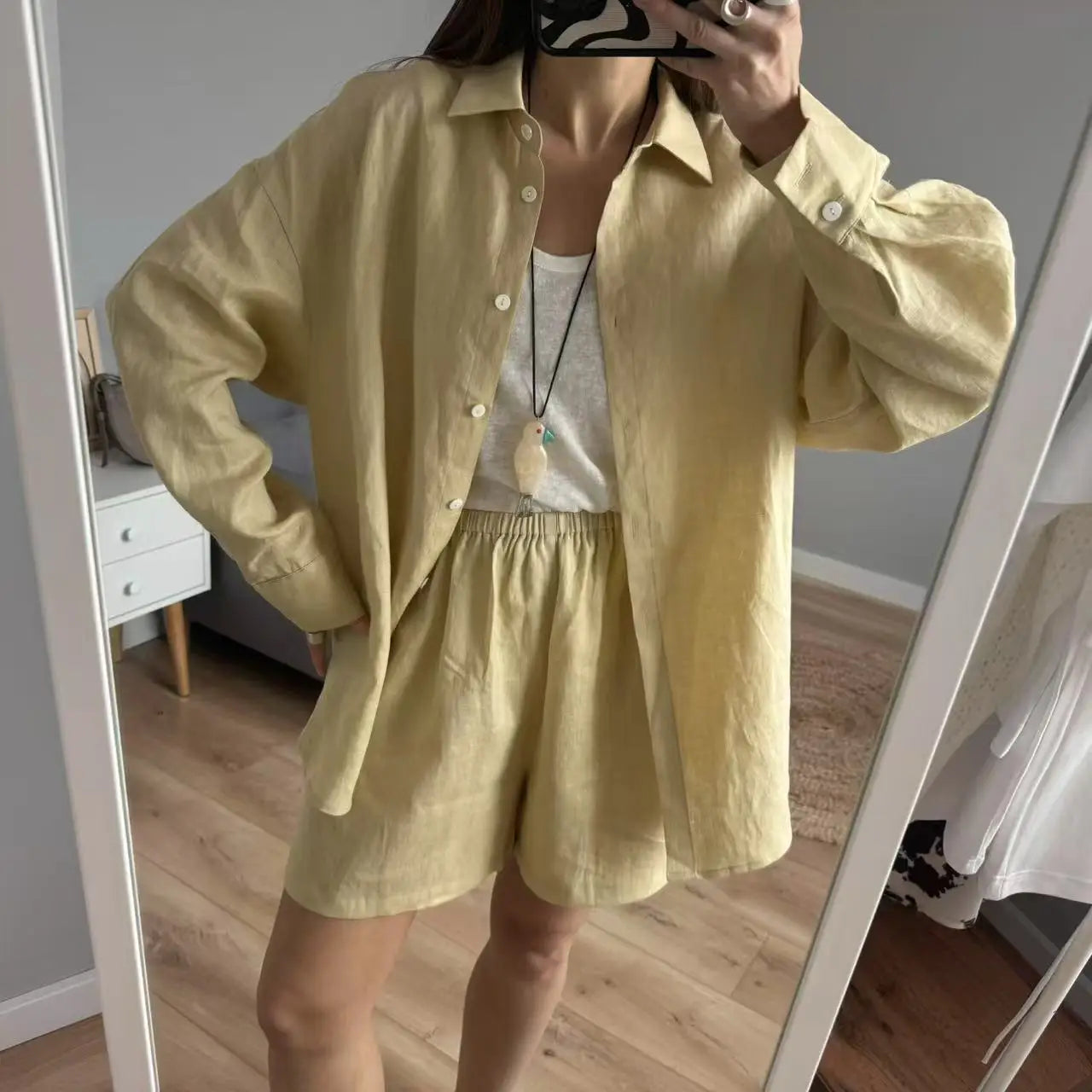Set Due Pezzi Donna in Lino – Blusa e Shorts Casual Estivo