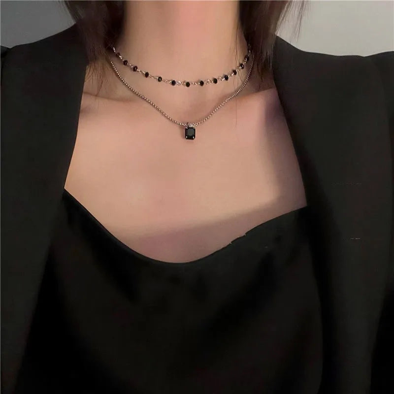 Choker Necklace for Women Double Layer Beads Necklace Gift for Friend Silver Color Geometric Necklace  Wholesale Collar Jewelry
