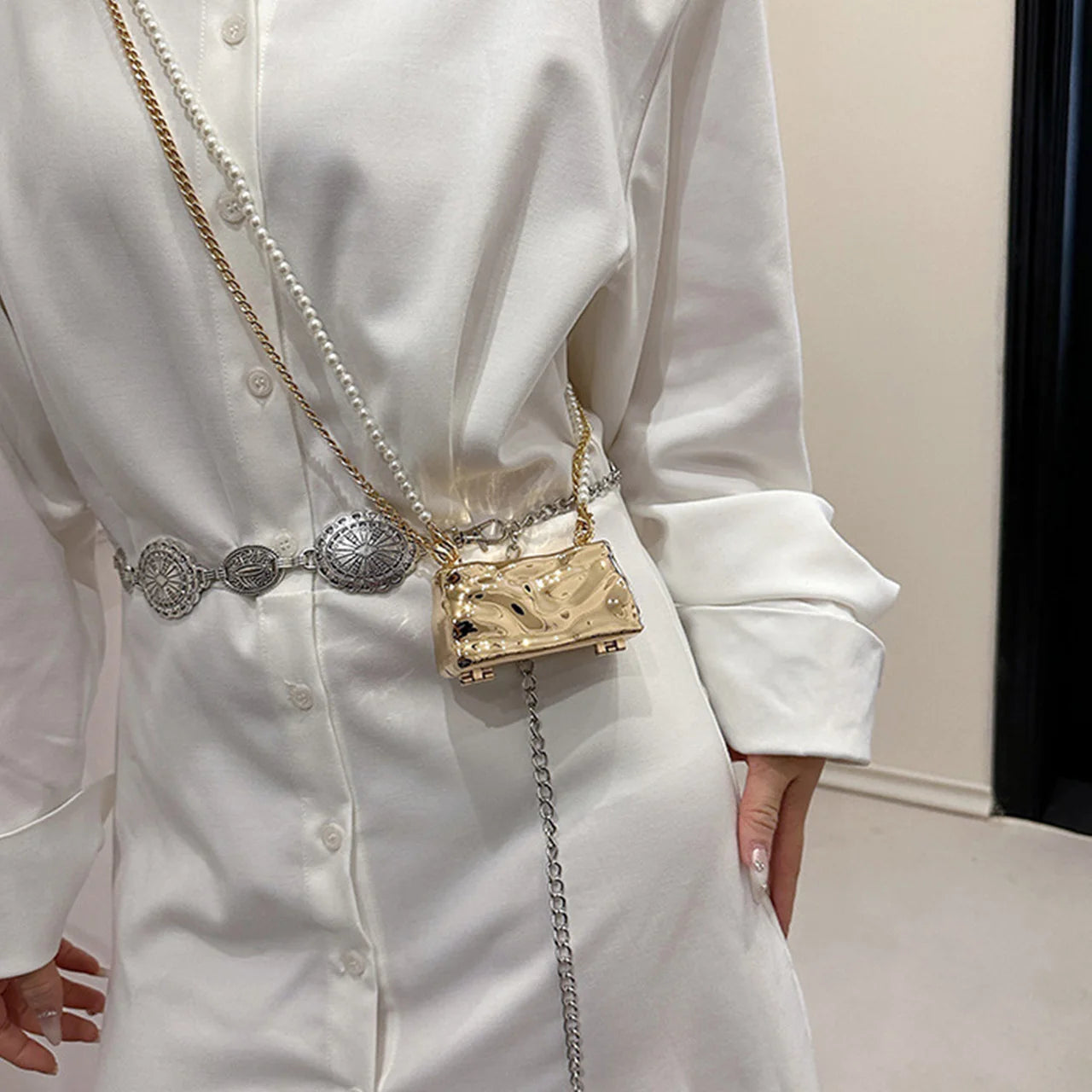 Metal Mini Bag for Women 2024 New Fashion Ice Crack Pearl Chain Mouth Red Bag Designer Shoulder Bag