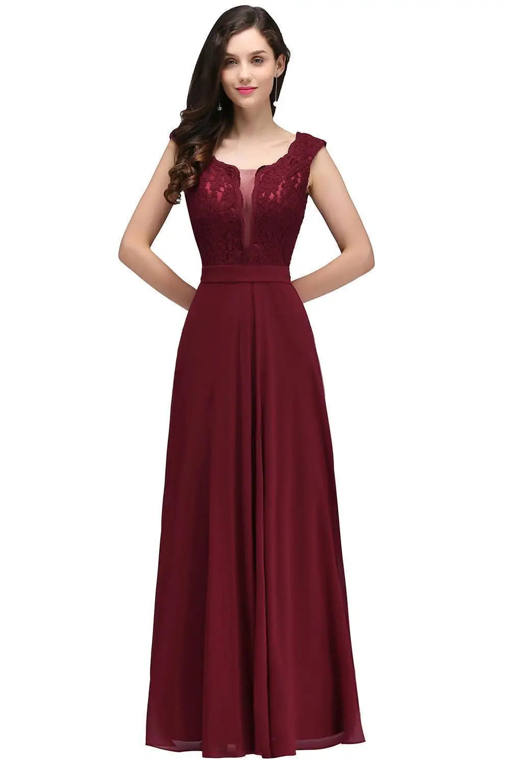 Abito da Sera Lungo Linea A in Pizzo e Chiffon – Collo Tondo, Senza Maniche, Formale