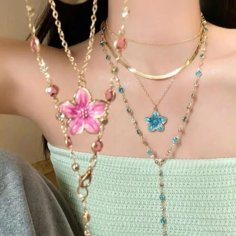 Layered Necklace Flower Pendant Gold Plated Colorful Crystal Chain Choker Y2K Aesthetic Jewelry For Women Gift