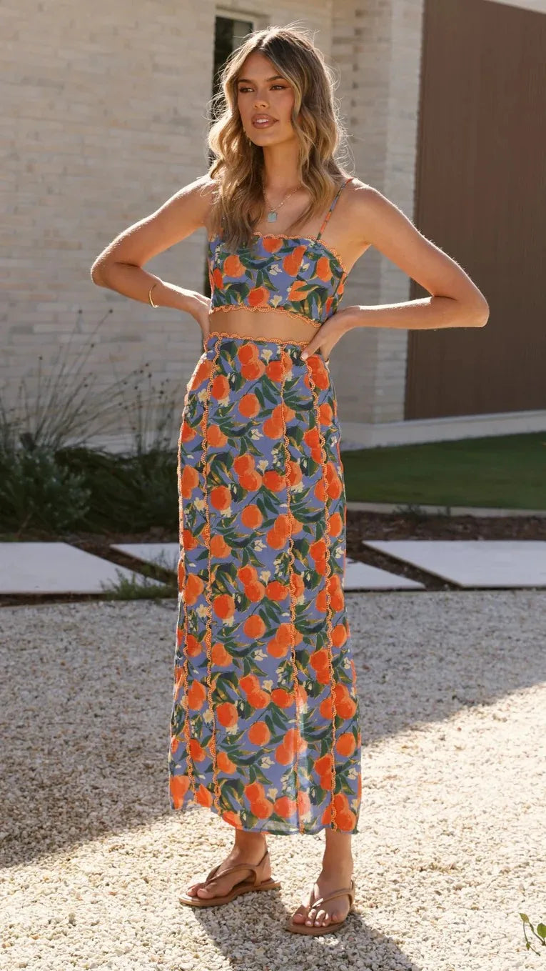 2025 Summer Beach Vacation Women's Linen Dress Set Fashionable Printed Sexy Halter Top Personalized Lace Slit Skirt Leisure Set