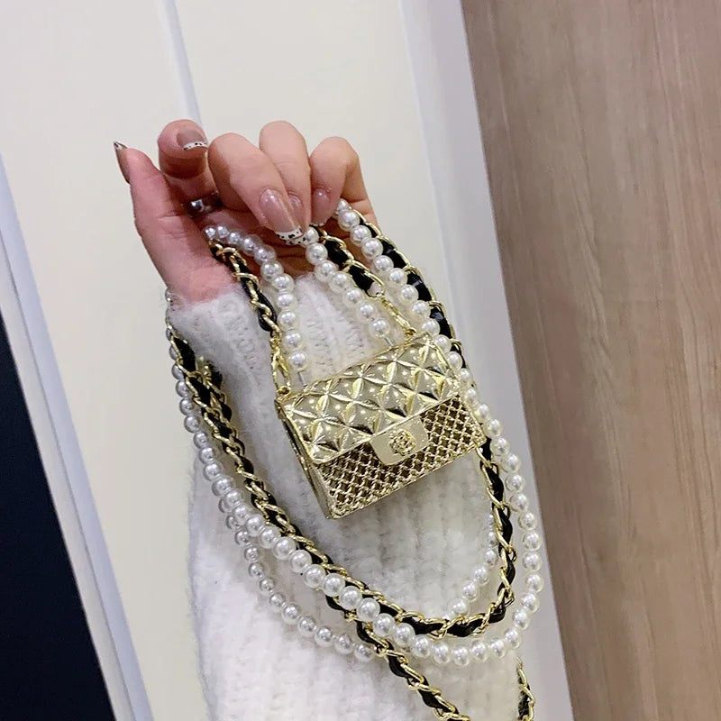 Mini Metal Shoulder Bags for Women Pearl Chain Crossbody Bag Designer Clothing Accessories Satchel Female Decorative Box Handbag