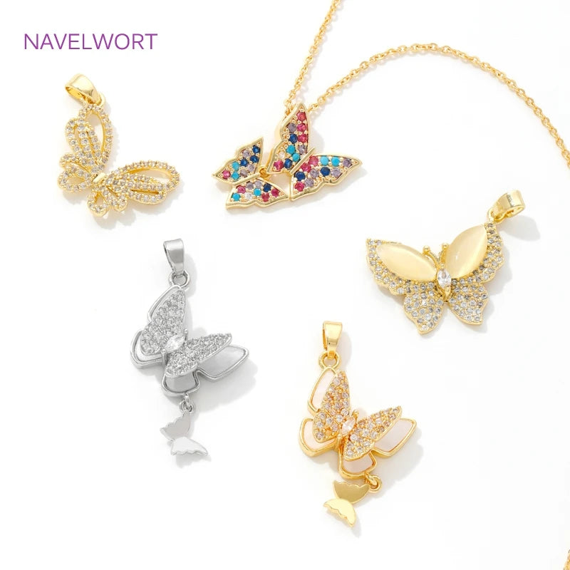 Trendy Inlaid Zircon Butterfly Pendants 18K Gold Plated Brass Butterfly Charms Pendants For DIY Necklace Making Accessories