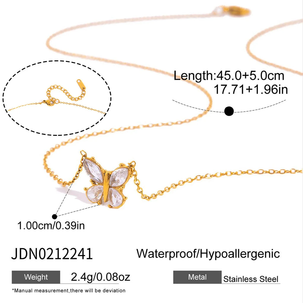 Ars 18k Gold Plated Butterfly Pendant Necklace with Zircon Stainless Steel Thin Chain Necklaces Women's Dainty Choker Necklaces