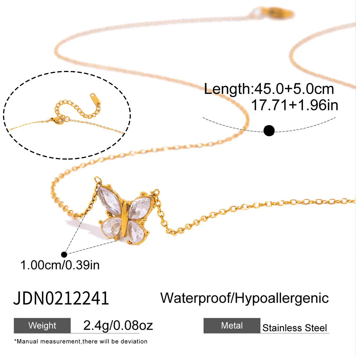 Ars 18k Gold Plated Butterfly Pendant Necklace with Zircon Stainless Steel Thin Chain Necklaces Women's Dainty Choker Necklaces