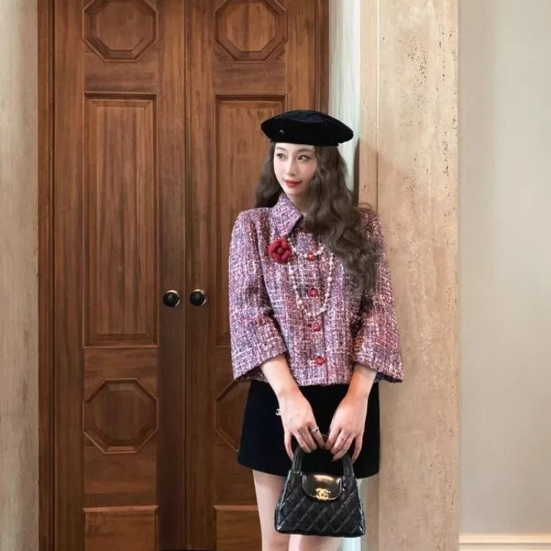 Cherry wine color exquisite extravagance thousand gold feeling small fragrant wind tweed small cloak jacket