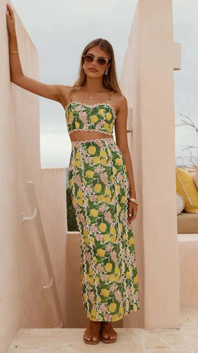 2025 Summer Beach Vacation Women's Linen Dress Set Fashionable Printed Sexy Halter Top Personalized Lace Slit Skirt Leisure Set
