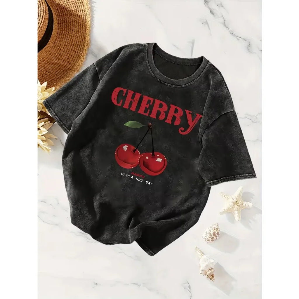 Red Cherry Printed T-shirt Ladies' Daily Casual Round Neck T-shirt Washed T-shirt Unisex Summer Streetwear