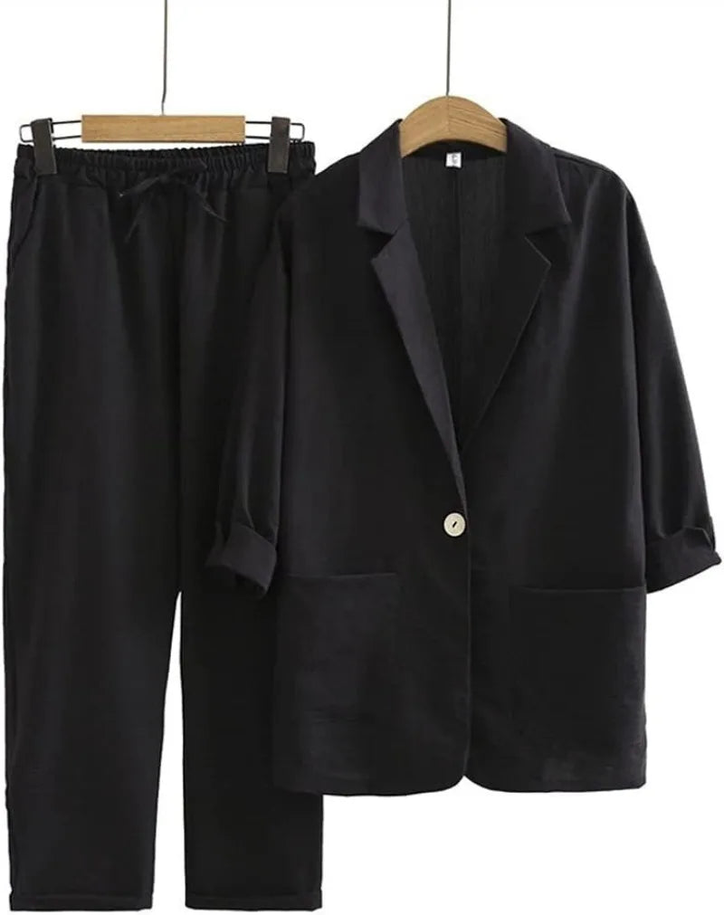 2025 Summer Women Linen Kimono Blouse Pants Sets Commuter Suit Cotton Linen Loose Jacket Pants 2-piece Set Blouses