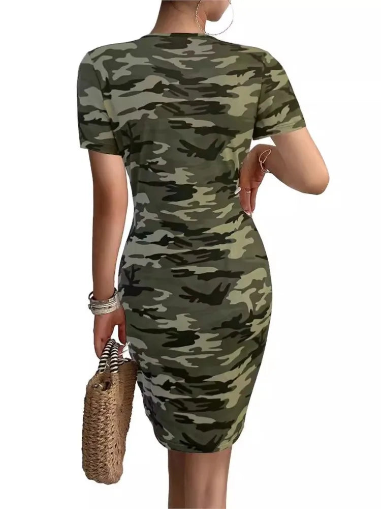 Women's Bodycon Dress Summer Fashion Sexy New Casual Camouflage Short-sleeve V-neck Slim Mini Dresses For Women Vintage Vestidos