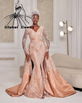 Champagne V N Luxury Middle Eastern Evening Dress Bead Applique Birthday Party Dress Lace Formal Gown Detachable Tail Customized