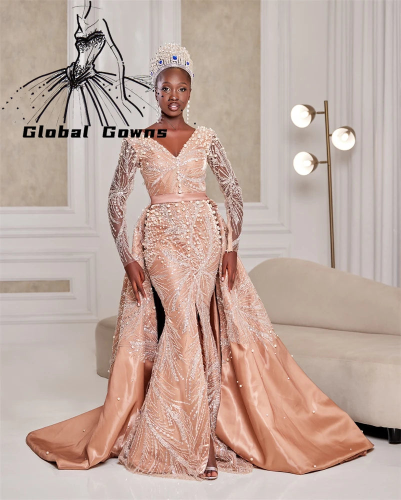 Champagne V N Luxury Middle Eastern Evening Dress Bead Applique Birthday Party Dress Lace Formal Gown Detachable Tail Customized