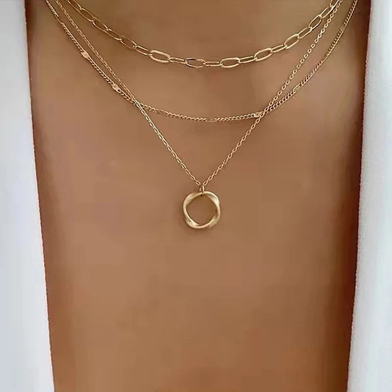 Layered Gold Necklaces for Women Stackable14K Gold Silver Plated Circle Paperclip Chain Pendant Choker Necklace Set For Womans