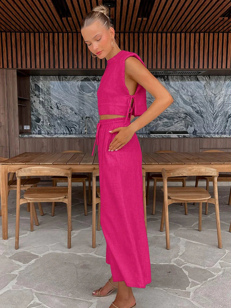 Completo Due Pezzi in Lino Donna – Crop Top e Pantaloni Vita Alta Vacanza