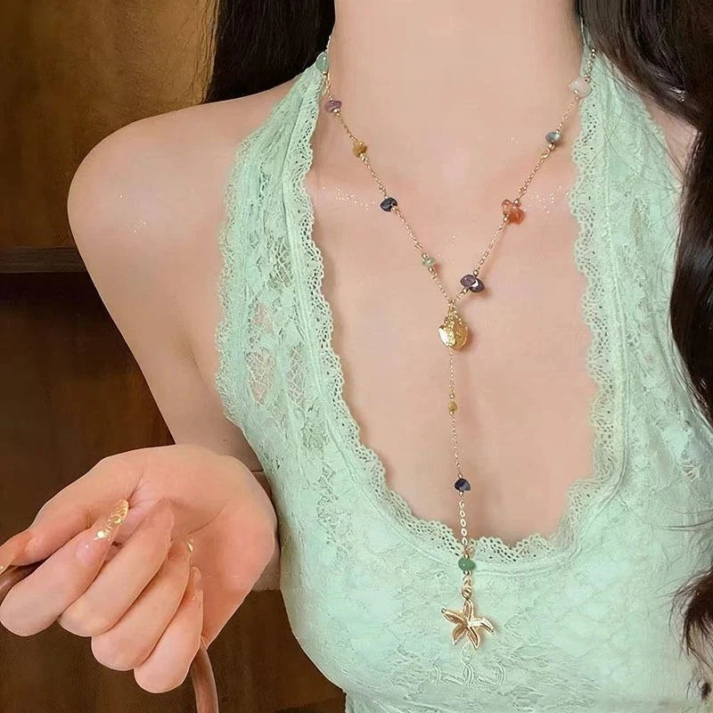 Layered Necklace Flower Pendant Gold Plated Colorful Crystal Chain Choker Y2K Aesthetic Jewelry For Women Gift