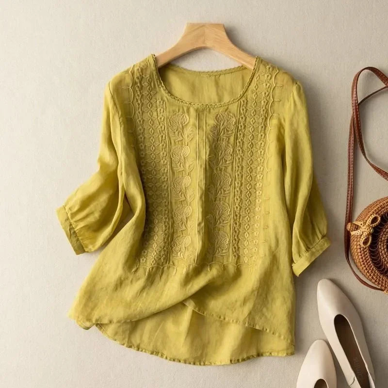 Blusa in Lino Donna – Ricamata Collo Tondo Maniche Corte Casual Estiva