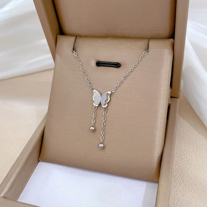 Charm Classic Butterfly Tassel Pendant Necklace for Women Personality Fashion Gold Color Stainless Steel Bride Chokers Jewelry