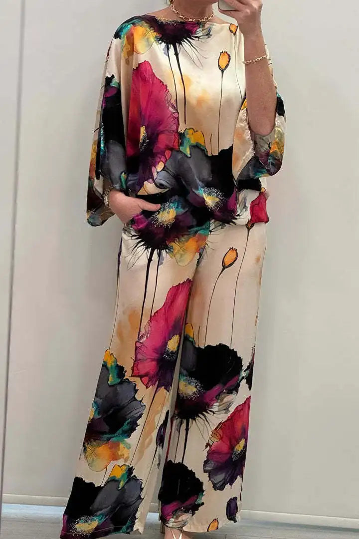 Completo Due Pezzi in Raso Donna – Maglia Stampata Maniche 3/4 e Pantaloni