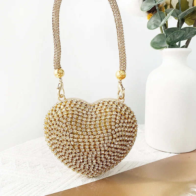 Luxury Rhinestone Evening Bag Sparkling Single Shoulder Banquet Chain Bag Wallet Heart Shaped Mini Lipstick Bag Ladies