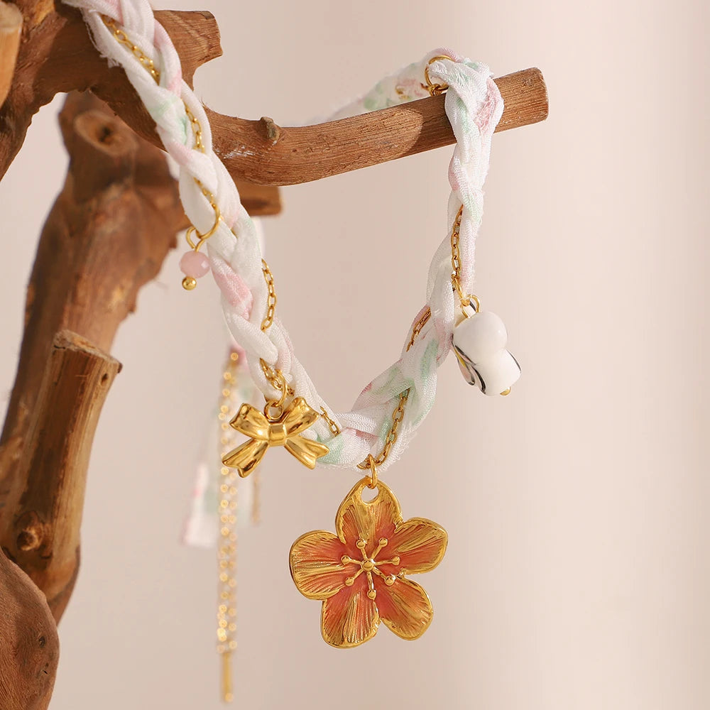 E.B.belle Cute Cartoon Butterfly Flower Pendant Necklace 18K Gold Plated Stainless Steel Women Holiday Neck Jewerly