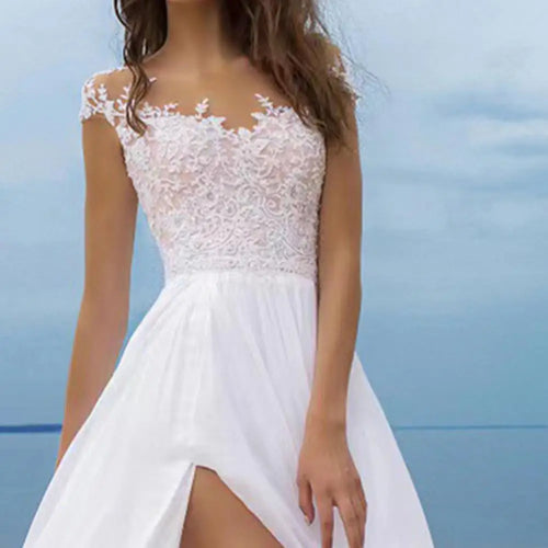 Abito da Sera in Chiffon con Pizzo e Scollo a V – Linea A, Spacco, Boho Beach