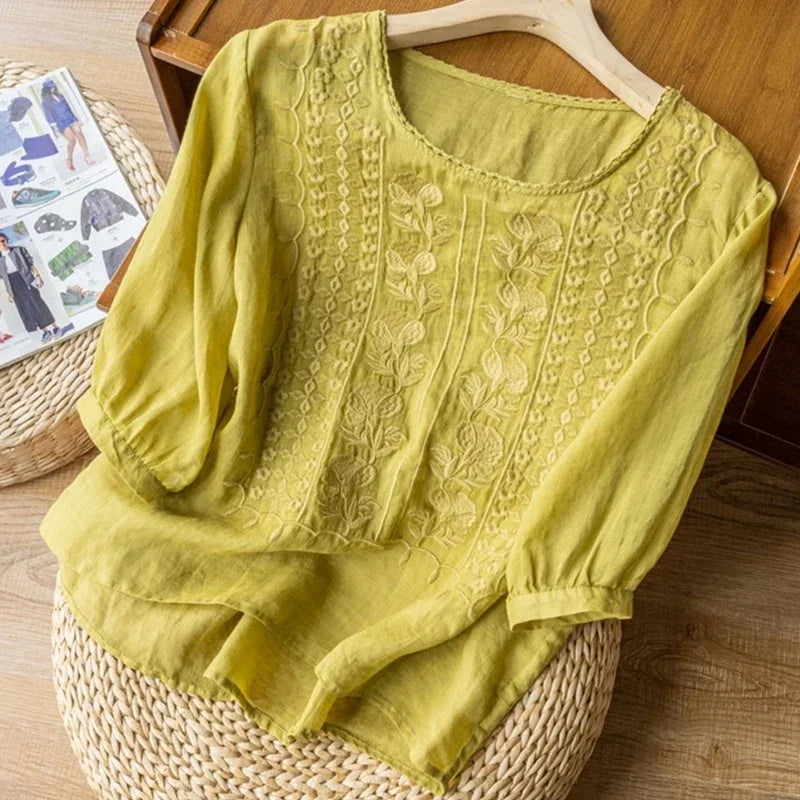Summer Women's linen Blouse Retro O-neck Embroidered Half Sleeve  Loose Casual Ruched Cotton Linen Shirts Tops 2025 New