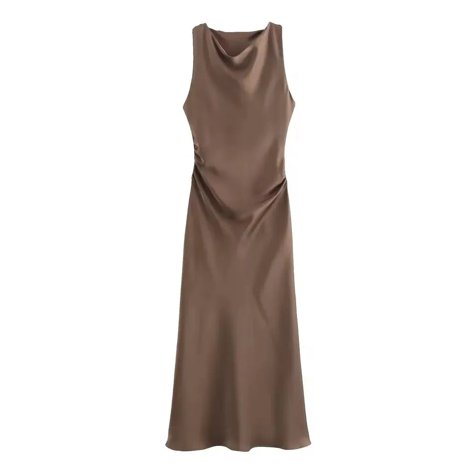 Abito Midi in Raso Donna – Slip Dress Senza Maniche Elegante da Sera