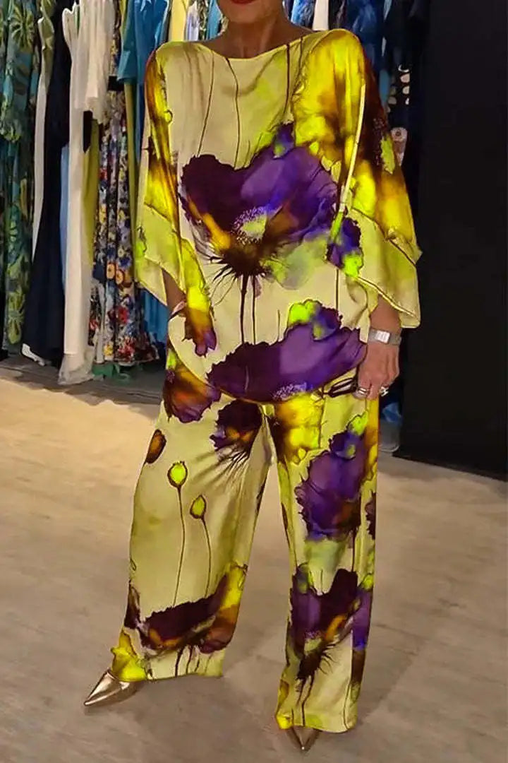 Completo Due Pezzi in Raso Donna – Maglia Stampata Maniche 3/4 e Pantaloni