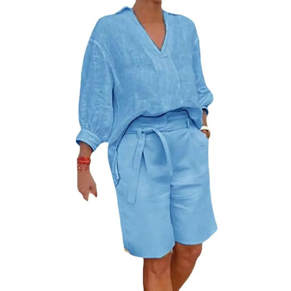 Set Due Pezzi Donna in Cotone Lino – Camicia Scollo V e Shorts Gamba Ampia con Cintura