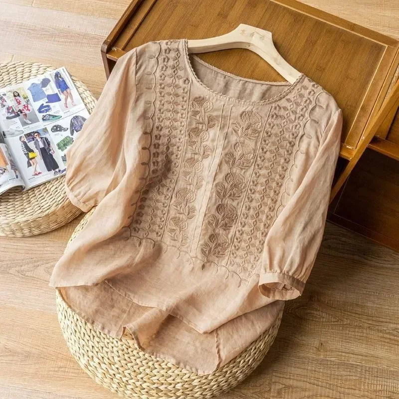 Blusa in Lino Donna – Ricamata Collo Tondo Maniche Corte Casual Estiva