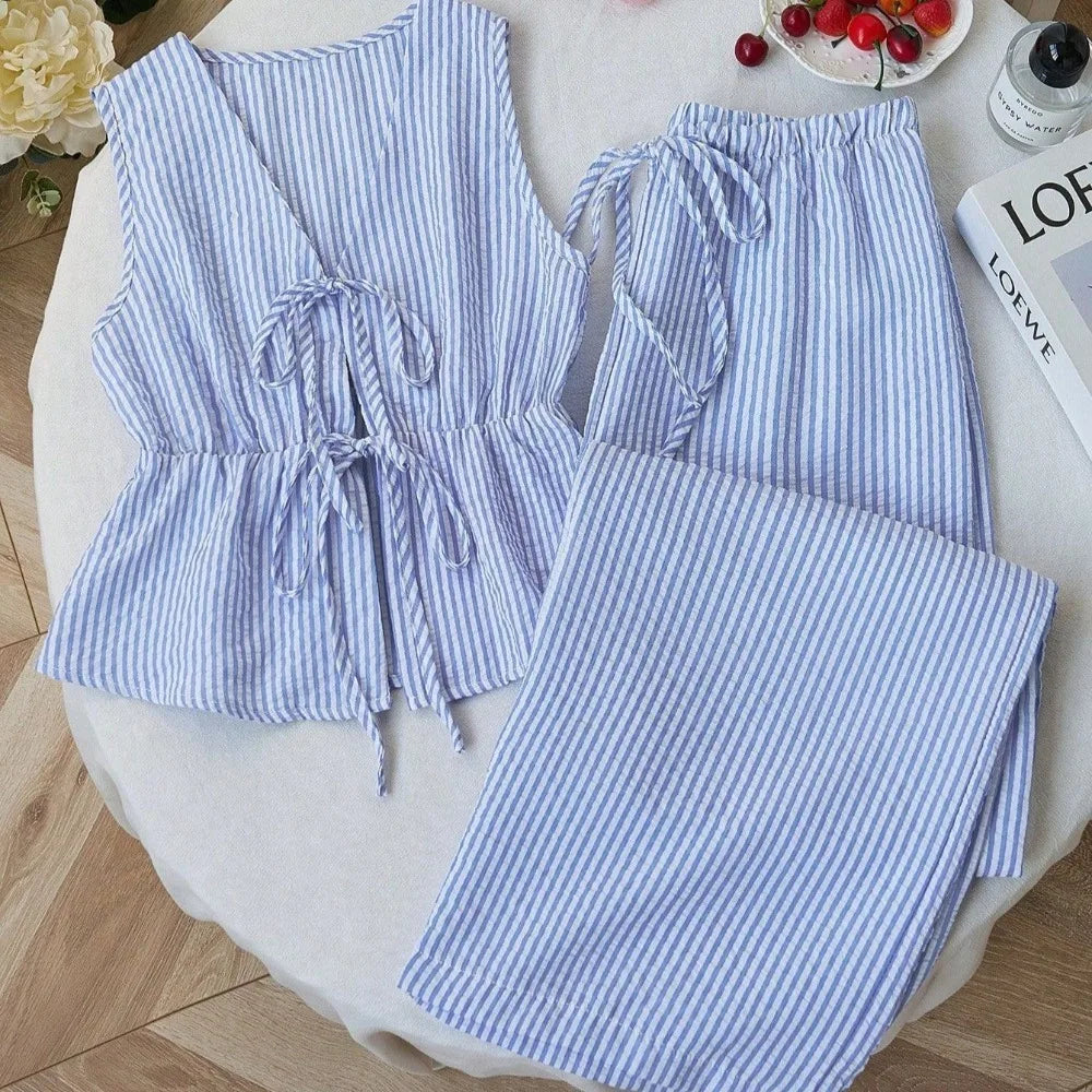 Women‘s Two-Piece Set -Solid Color with Stripe Detail Lounge Set,Strappy Camisole & Wide Leg Tie-Waist Pants,Sweet Casual Outfit