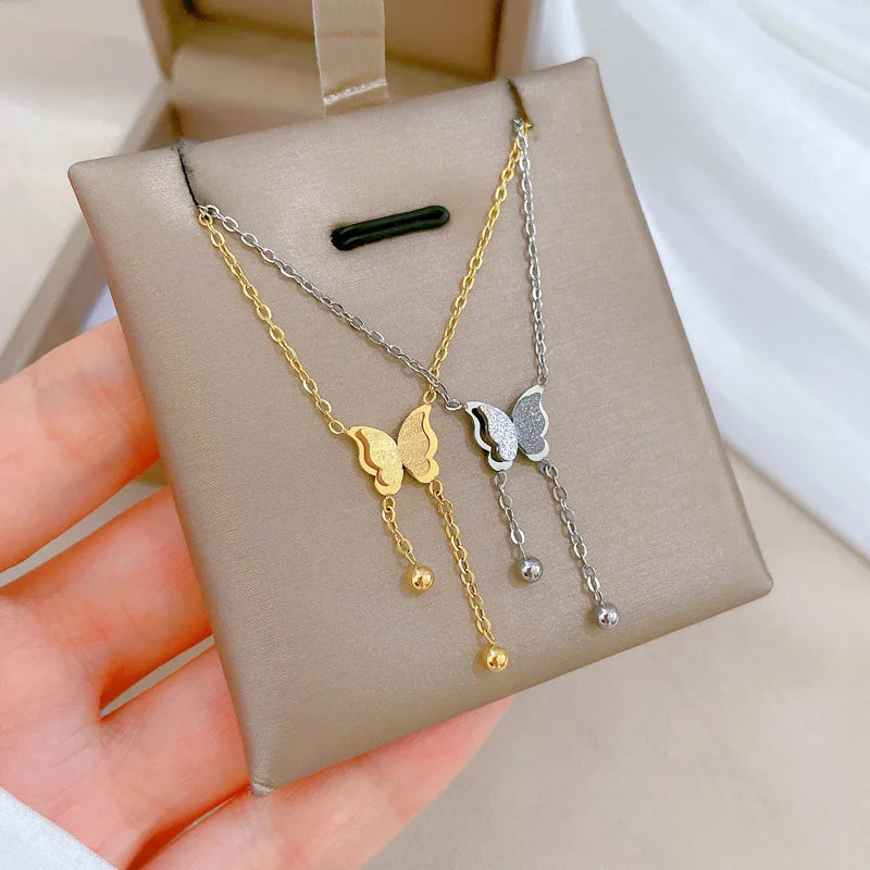 Charm Classic Butterfly Tassel Pendant Necklace for Women Personality Fashion Gold Color Stainless Steel Bride Chokers Jewelry