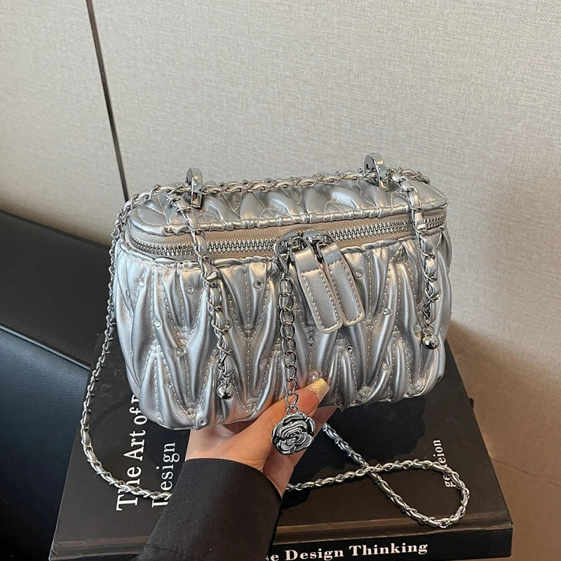 Silver bolsa feminina Fashion Quilted Shoulder Bag Trend Mini Small Box Lipstick Pouch Zipper Purse Chain Crossbody Handbag