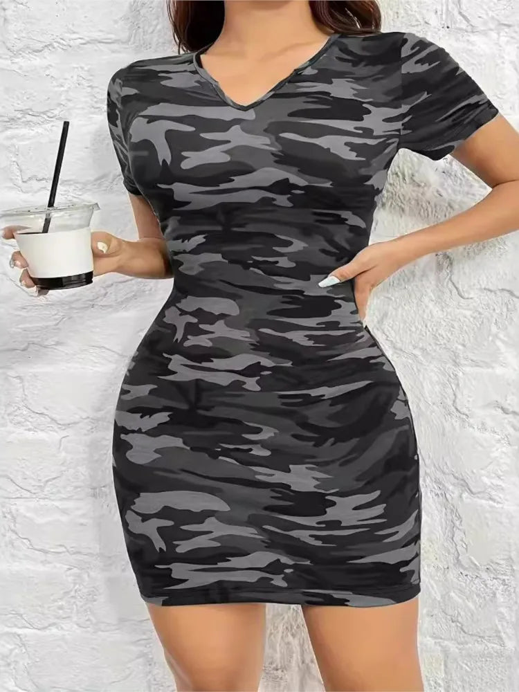 Women's Bodycon Dress Summer Fashion Sexy New Casual Camouflage Short-sleeve V-neck Slim Mini Dresses For Women Vintage Vestidos