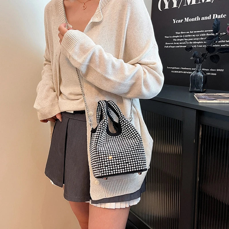 Rhinestones Evening Clutch Bag Silver Shiny Crystal Dinner Party Wedding Purse and Handbag Luxury Designer Bucket Crossbody Bag