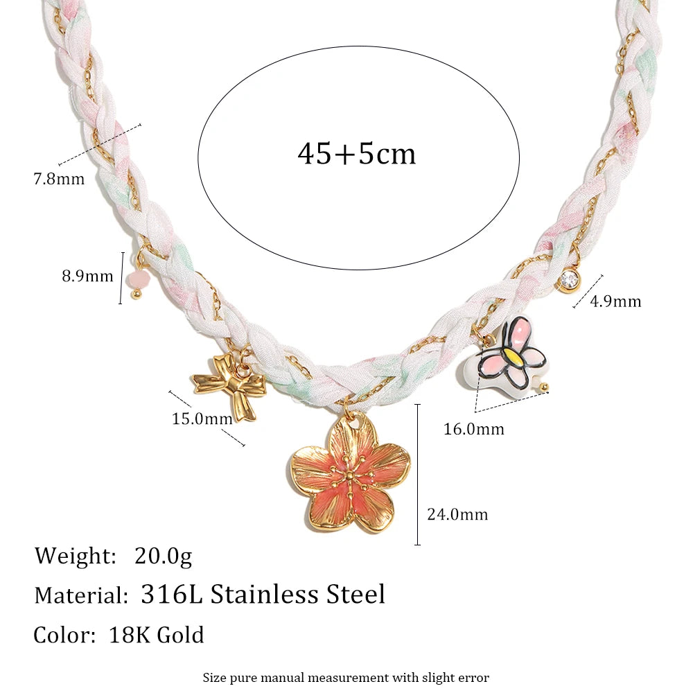 E.B.belle Cute Cartoon Butterfly Flower Pendant Necklace 18K Gold Plated Stainless Steel Women Holiday Neck Jewerly