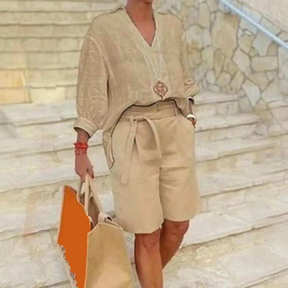 Cotton Linen Women's Two Piece Set Casual V-Neck Half Sleeve Lapel Shirt And Belted Wide Leg Shorts Summer Lounge Set 80%