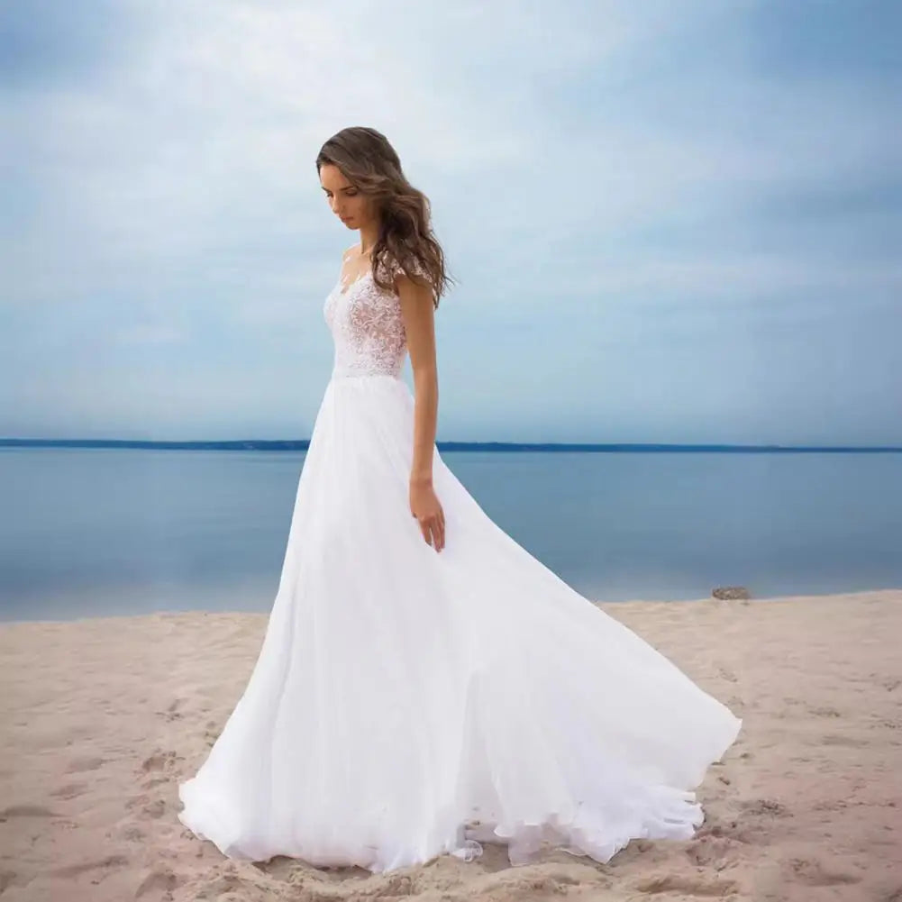 Abito da Sera in Chiffon con Pizzo e Scollo a V – Linea A, Spacco, Boho Beach