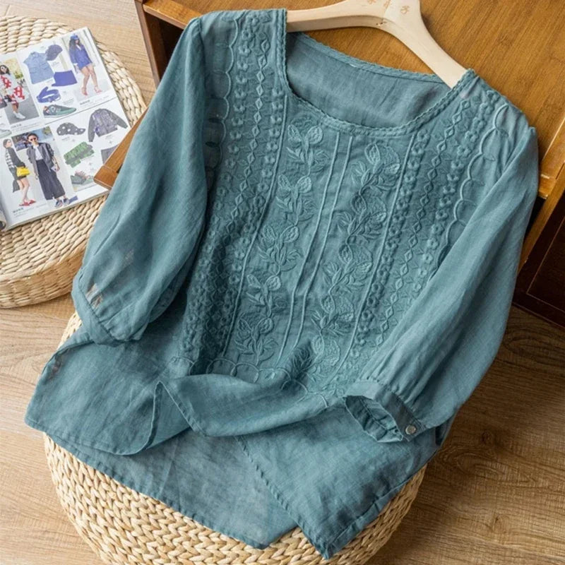 Summer Women's linen Blouse Retro O-neck Embroidered Half Sleeve  Loose Casual Ruched Cotton Linen Shirts Tops 2025 New