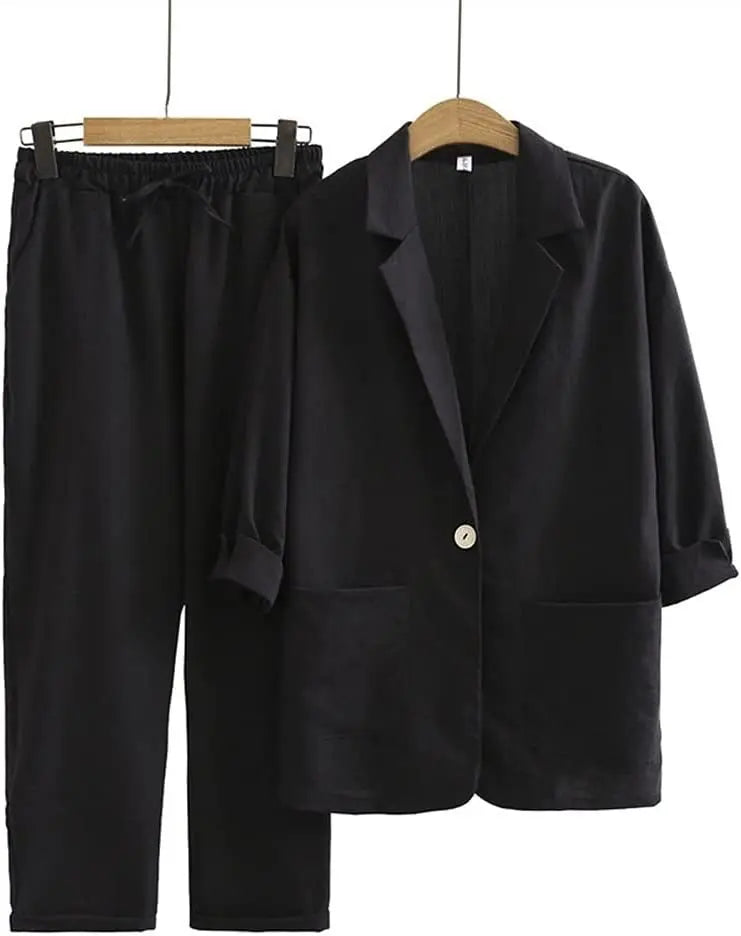 Completo Due Pezzi in Lino Donna – Kimono Blusa e Pantaloni Casual Estivo